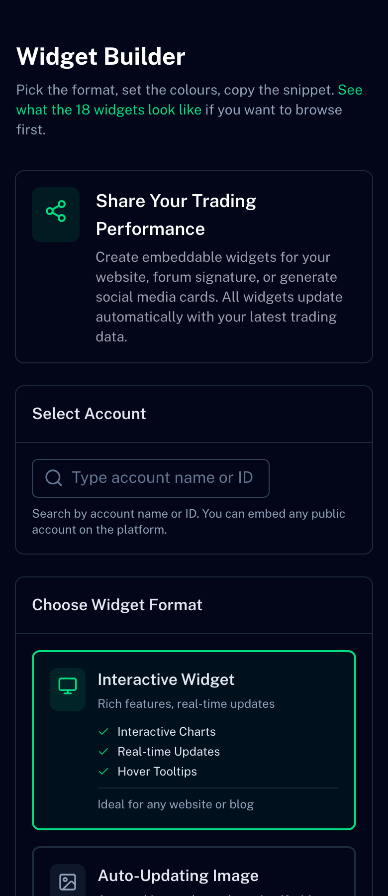 The widget builder: interactive iframe, dynamic image and static image formats